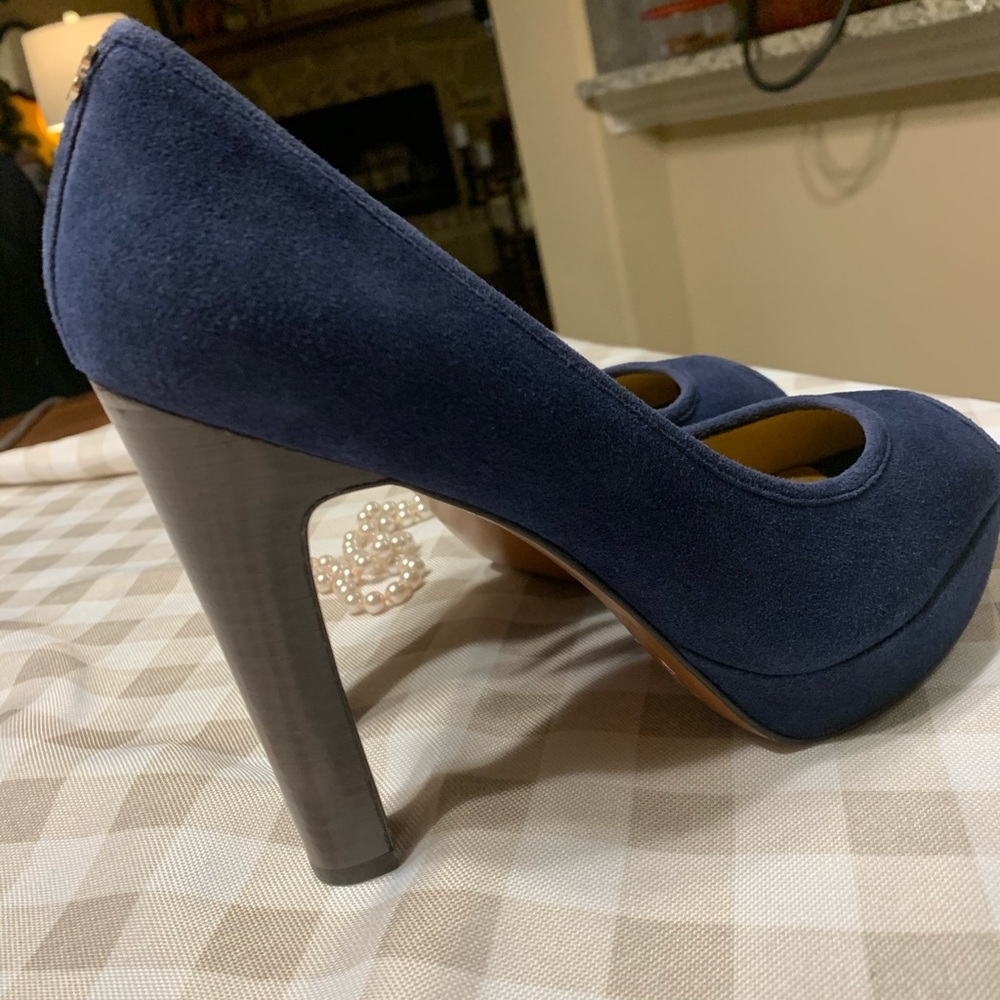 Coach Navy Suede Platform Peep-Toe Pumps - Picture 7 of 7